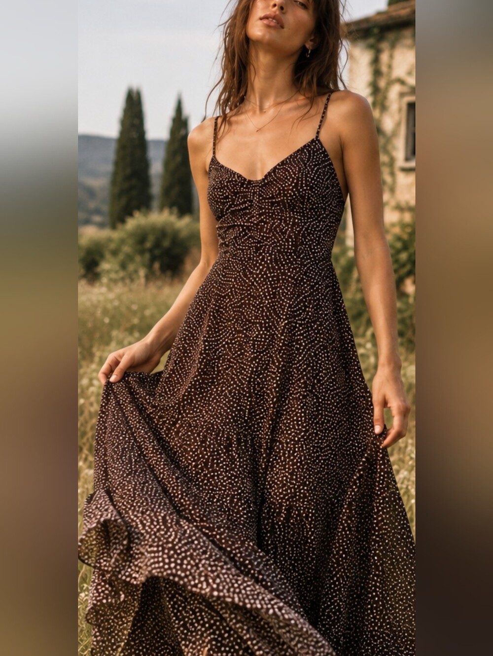 Véro Véronique Cloutier Brown Polka Dot Flowy Maxi Dress XS